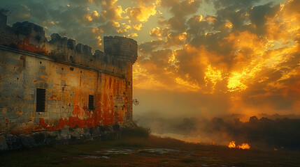 Fototapeta premium Ancient castle, sun rising behind walls, interplay of shadows and light
