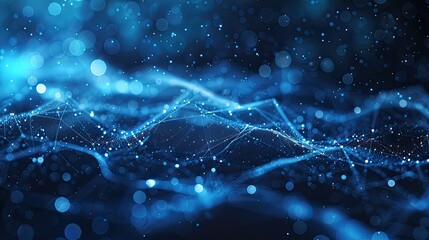 An abstract image of flowing blue waves adorned with sparkling lights and bokeh, creating a magical and ethereal atmosphere..