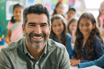 Fototapeta premium A smiling man in a classroom with children.