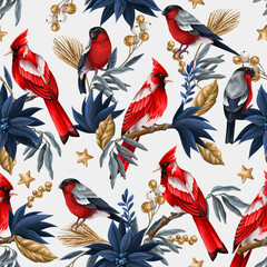 Seamless pattern with Christmas elements such as fir, red birds, flowers . Vector.