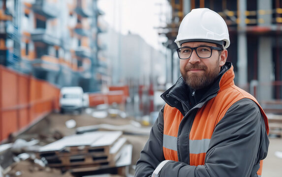 A man in a hard hat standing in front of construction site.
