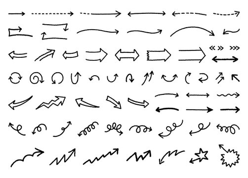いろいろバリエーションの手書き矢印のセット（白黒）A set of various hand-drawn arrow icon materials (black and white)