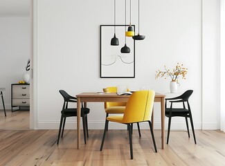 A simple dining room with white walls, black chairs and a yellow chair in the middle of a wooden table