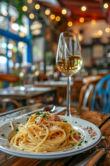 Spaghetti Carbonara served in a cozy Italian trattoria. 