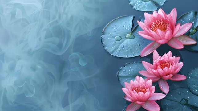 Pink lotus flowers bloom on a serene blue pond with water droplets on lily pads, copy space