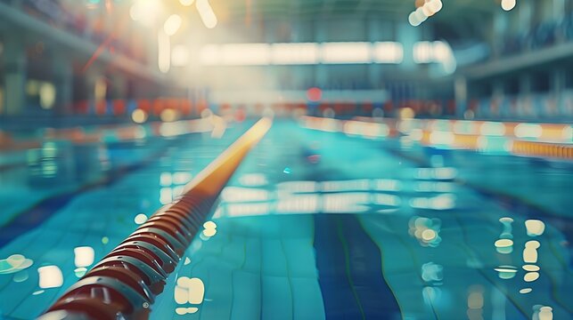 Defocused Swim Meet Officials and Swimmers in Pool