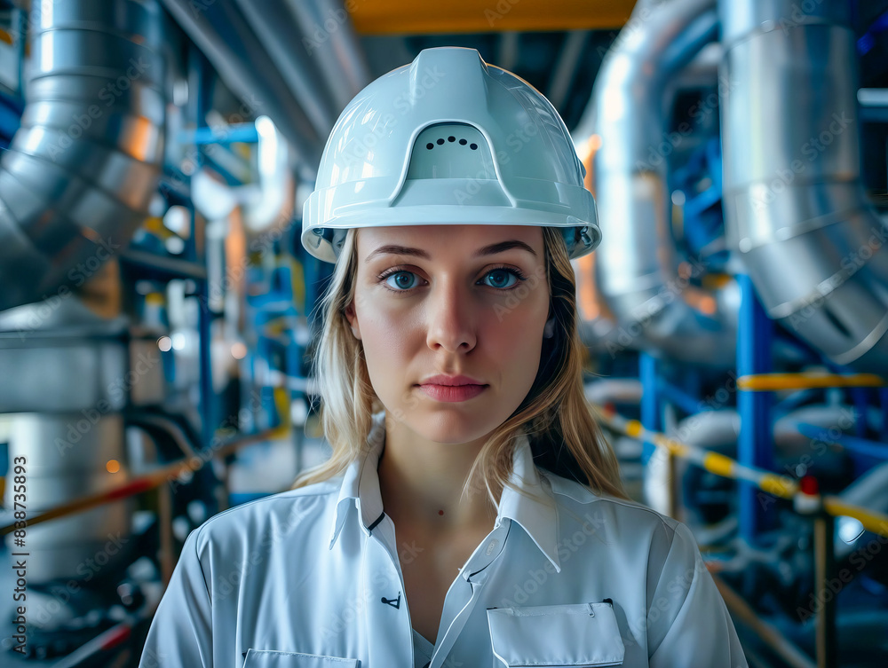 Canvas Prints A woman in a hard hat standing in piping.