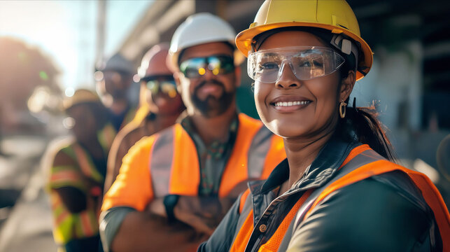 A group of construction workers smiling. - Powered by Adobe