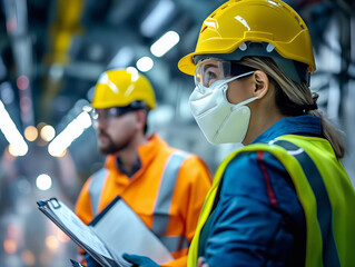 Fototapeta premium Two workers in protective gear standing in a factory.