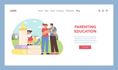 Nurturing next generations. Essence of parenting education with family nurturing their child. Basic knowledge of how to be parent. Striving to be good role model for kids. Flat vector illustration