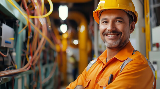 A smiling man in an orange shirt and hard hat.