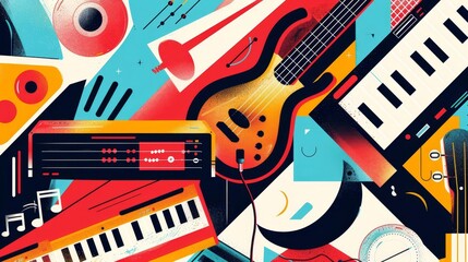 Abstract music instruments from a low-angle perspective, bold geometric designs, flat vector style, colorful and lively background, contemporary and eye-catching composition