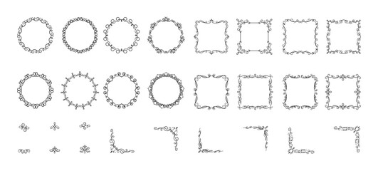 Vintage decorative frames with corners and details flat vector elements set. Swirled borders for retro design collection on white