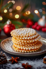 Pizzelle with powdered sugar, in a festive holiday setting.