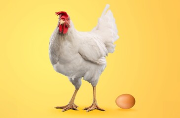 White hen with fresh egg on background