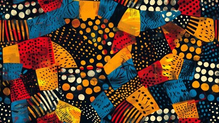 93 Office desk in Accra, traditional motifs, sleek equipment, bold art style, bright and detailed