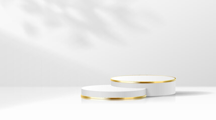 Round podium in leaves shadow realistic vector illustration. Demonstrative stand with golden decor 3d object on white background