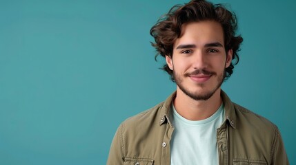 Fototapeta premium Smiling young man with beard and curly hair wearing casual green jacket standing against turquoise background studio portrait cheerful happy
