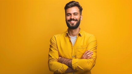 Obraz premium Smiling confident man with beard wearing yellow shirt standing with crossed arms in front of bright yellow background studio portrait casual cheerful