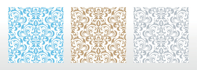 Fototapeta premium Wallpapers in the style of Baroque. Seamless vector backgrounds. Set of colored floral ornaments. Graphic patterns for fabric, wallpaper, packaging. Ornate Damask flower ornaments