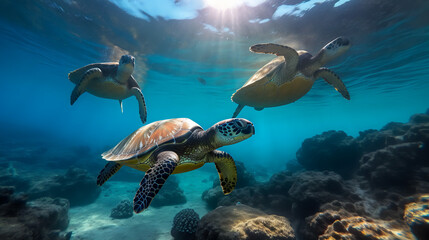 Fototapeta premium In the clear blue sea, two turtles swim around on coral reefs.