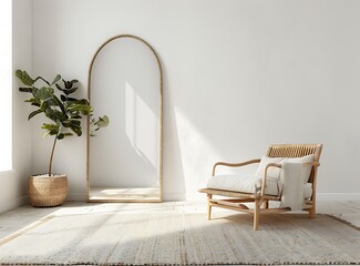 A white living room with an arched mirror, sofa and rattan chair on the carpeted floor, a fiddle leaf fig tree in the corner, 