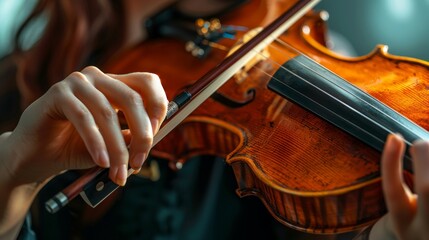 Fototapeta premium Female violinist playing violin close up.