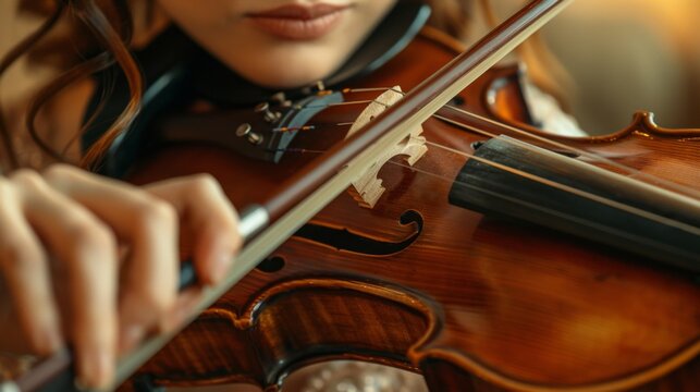 Woman violinist playing violin close up, Chin in the violins chinrest.