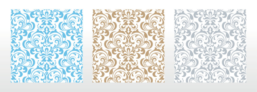 Wallpapers in the style of Baroque. Seamless vector backgrounds. Set of colored floral ornaments. Graphic patterns for fabric, wallpaper, packaging. Ornate Damask flower ornaments