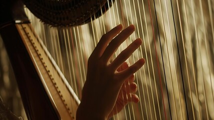 Woman's hands skillfully gently plucking the strings of a harp close up.
