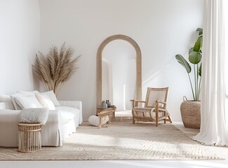 A white living room with an arched mirror, sofa and armchair in the background, carpet on the floor, 