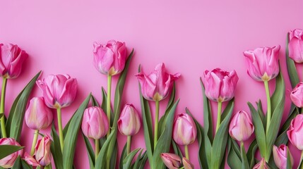 A pink background with  pink tulips, copy space