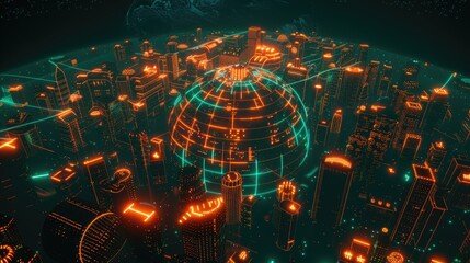 A 3D render of a glowing, neon grid, enveloping stylized buildings around a spherical world.