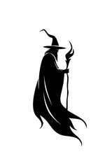 Silhouette of Witch with Magic Staff, Black and white silhouette of a witch holding a magical staff, evoking mystery and fantasy themes.
