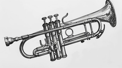 Artistic low-angle sketch of a trumpet, rendered in a playful doodle fashion, black ink on white paper, isolated backdrop