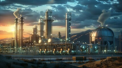 Fototapeta premium Expansive hydrogen refinery complex at sunset, showcasing towering structures and advanced industrial technology