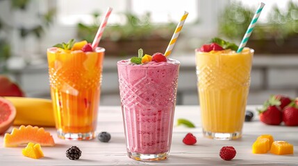 Fototapeta premium Three different colored smoothies with straws in them