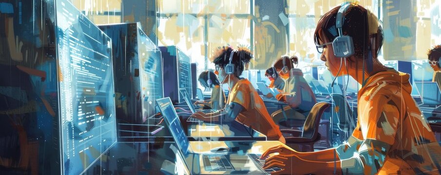 Engaging image of students in a computer lab, learning to code and use digital tools, emphasizing the importance of technology in modern education