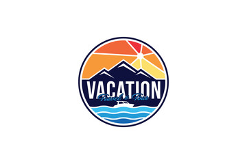 ship with sea, mountain and sunset background logo design for vacation, travel and tour business