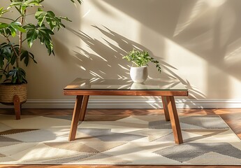 A wooden coffee table with a glass top, near the wall in sunlight, on which there is an indoor plant and a geometric carpet, in the style of Scandinavian interior design