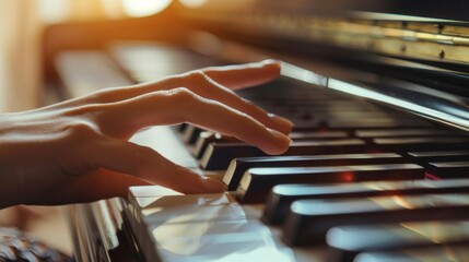 Hand of a person playing piano close up.