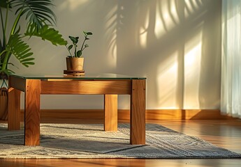A wooden coffee table with a glass top, near the wall in sunlight, on which there is an indoor plant and a geometric carpet, in the style of Scandinavian interior design