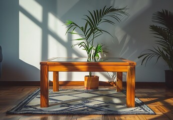 A wooden coffee table with a glass top, near the wall in sunlight, on which there is an indoor plant and a geometric carpet, in the style of Scandinavian interior design