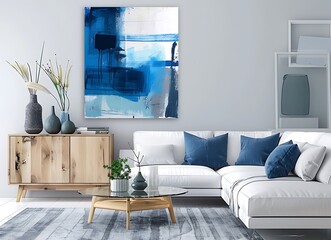 Abstract art painting of a living room interior design, featuring a white sofa with blue and black vases, a wooden sideboard, a glass coffee table, and a gray carpet