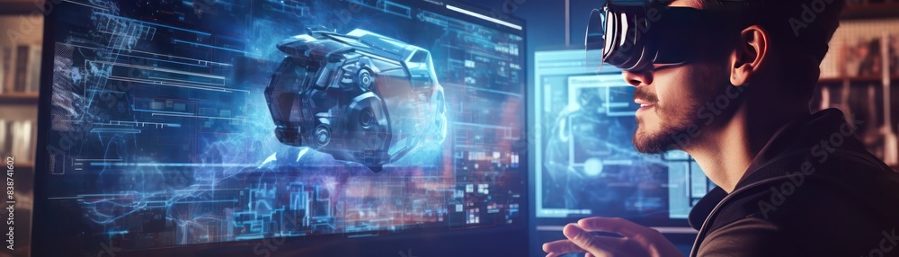 Poster gamer using advanced holographic interface, sci-fi setting, digital environment, sharp lines, high-t