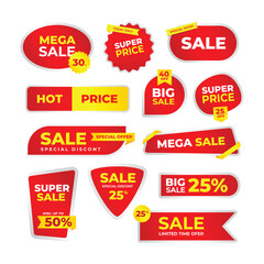 Set of red sale discount label banner collection, mega sale super price, hot price badge, Red ribbons, tags and stickers. Vector illustration, Trendy red sales promotion banner element.