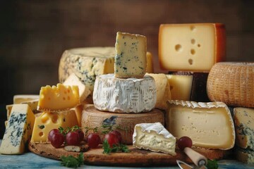 Assortment of various cheeses displayed on a rustic wooden board