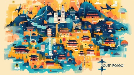 Educational "South Korea" map illustration for kids, colorful scheme