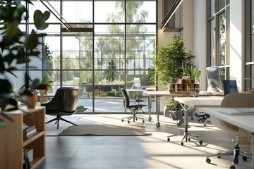 Fototapeta premium Bright and Sleek Modern Office Space with Large Windows and Natural Light, Generative Ai