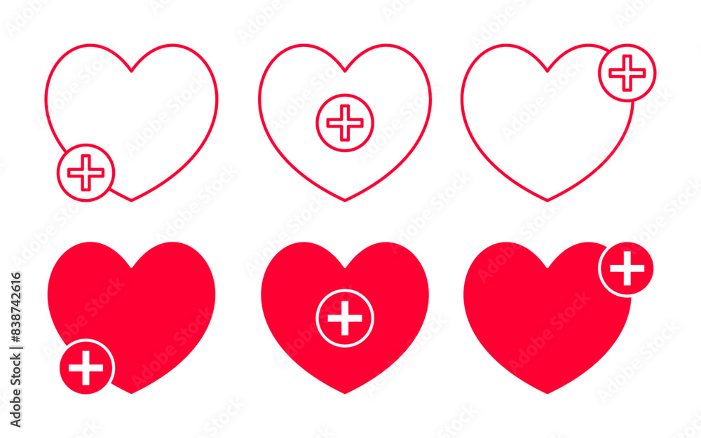 Poster set of red heart icons with plus symbol. modern vector design isolated on white background.